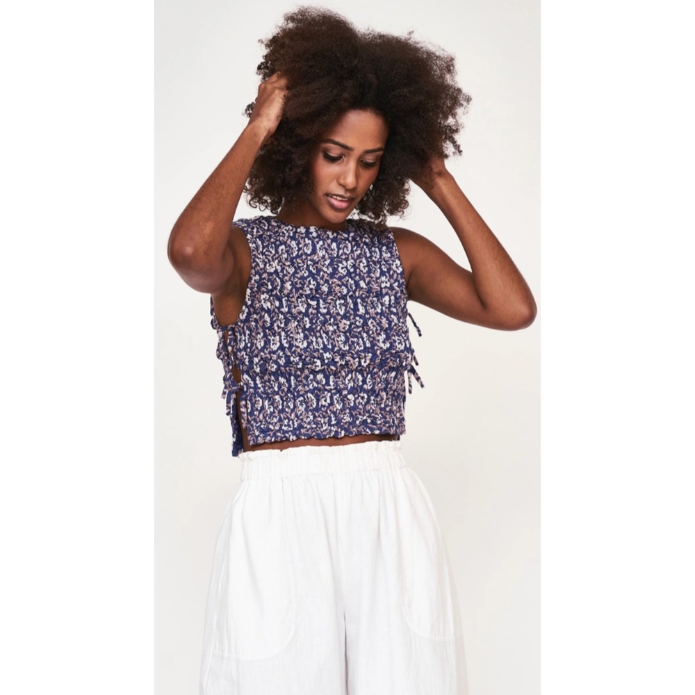 MIRTH Smocked Crop Top Womens XL Blue Floral Lace Up Sides Boho Coquette